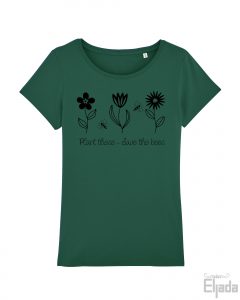 Groen t-shirt voor vrouwen met tekst 'Save the Bees' en afbeelding van bloemen en bijen