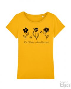 Geel t-shirt voor vrouwen met tekst 'Save the Bees' en afbeelding van bloemen en bijen
