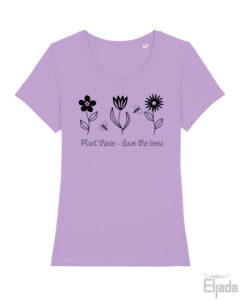 Lavendel t-shirt voor vrouwen met tekst 'Save the Bees' en afbeelding van bloemen en bijen