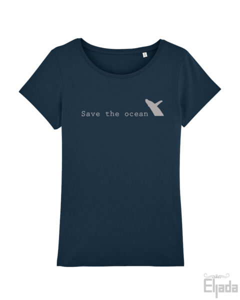 Blauw t-shirt voor vrouwen met de tekst 'Save the ocean' en een afbeelding van een springende walvis