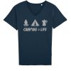 Blauw t-shirt voor mannen met de tekst 'Camping=Life' en een afbeelding van een kampvuur, een tent en een perculator